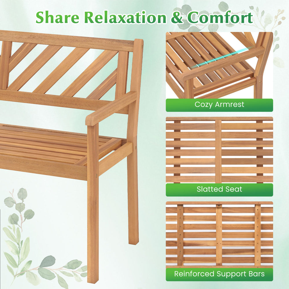 2-person patio chair featuring solid acacia wood, slatted seat, and cozy armrests for comfortable outdoor lounging.