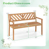 Dimensions of a 2-person patio acacia wood garden chair with armrests, ideal for porch or outdoor use.