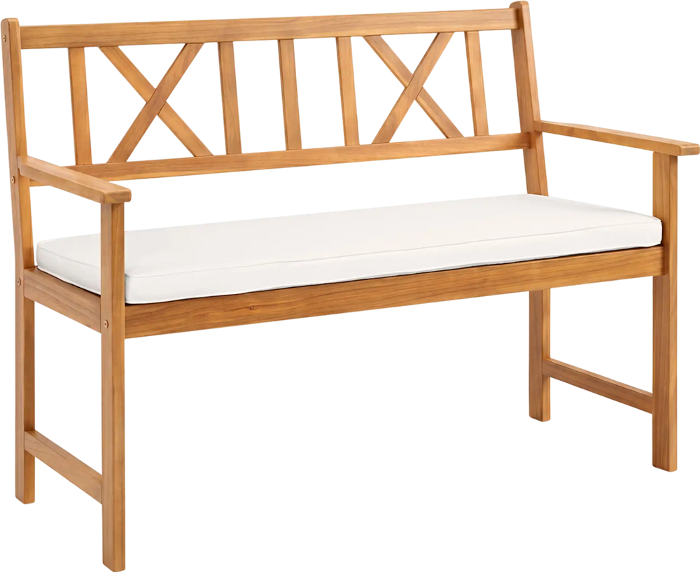 Acacia wood garden chair with removable cushion features an ergonomic backrest and cozy armrests, ideal for patios and gardens.