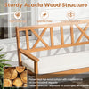 Sturdy acacia wood garden chair features a supportive x-shaped backrest and slatted seat for optimal ventilation and comfort.