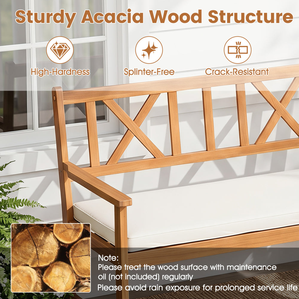 Sturdy acacia wood garden chair features a supportive x-shaped backrest and slatted seat for optimal ventilation and comfort.