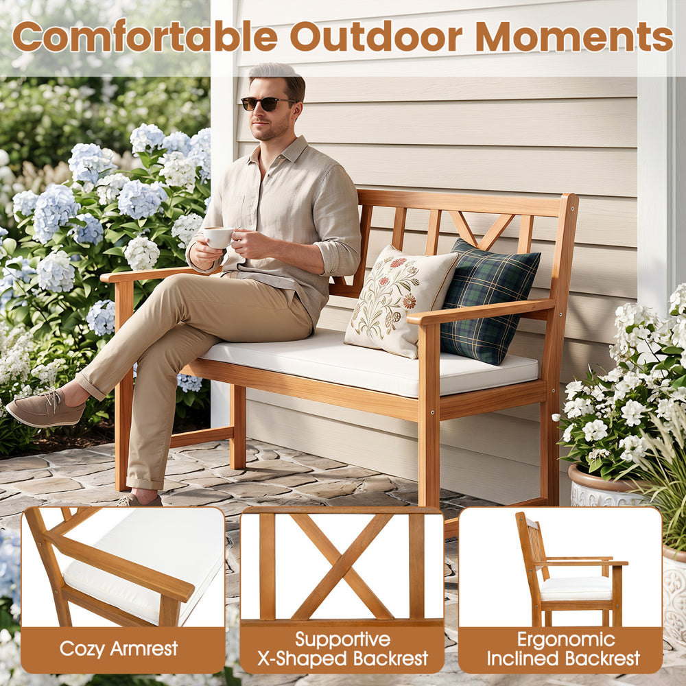 2-person patio chair made of acacia wood features a supportive x-shaped backrest and cozy armrests for outdoor comfort.