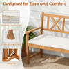 2-person patio chair made of acacia wood with a removable cushion, featuring an ergonomic design for comfort and support.