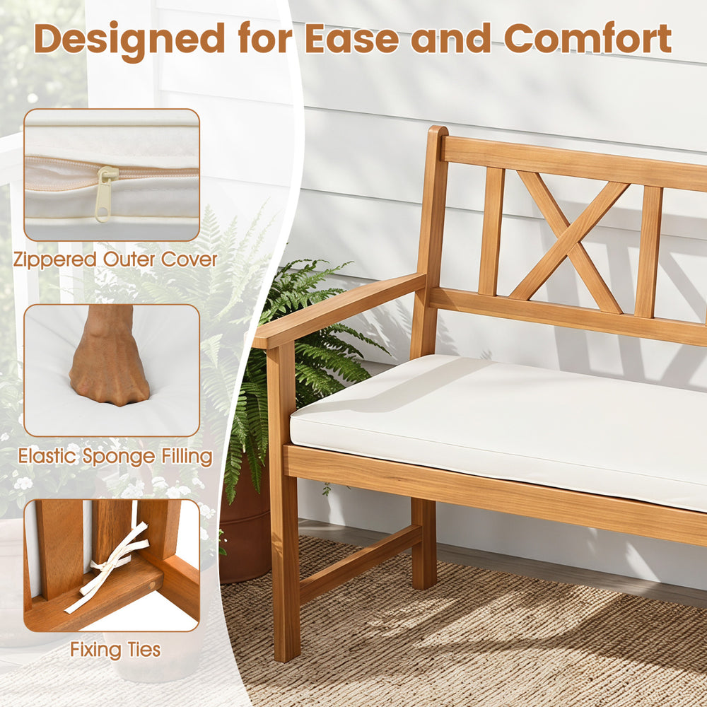 2-person patio chair made of acacia wood with a removable cushion, featuring an ergonomic design for comfort and support.