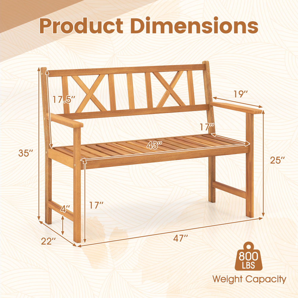 Acacia wood garden chair features an X-shaped backrest and armrests, supporting up to 800 lbs for outdoor relaxation.