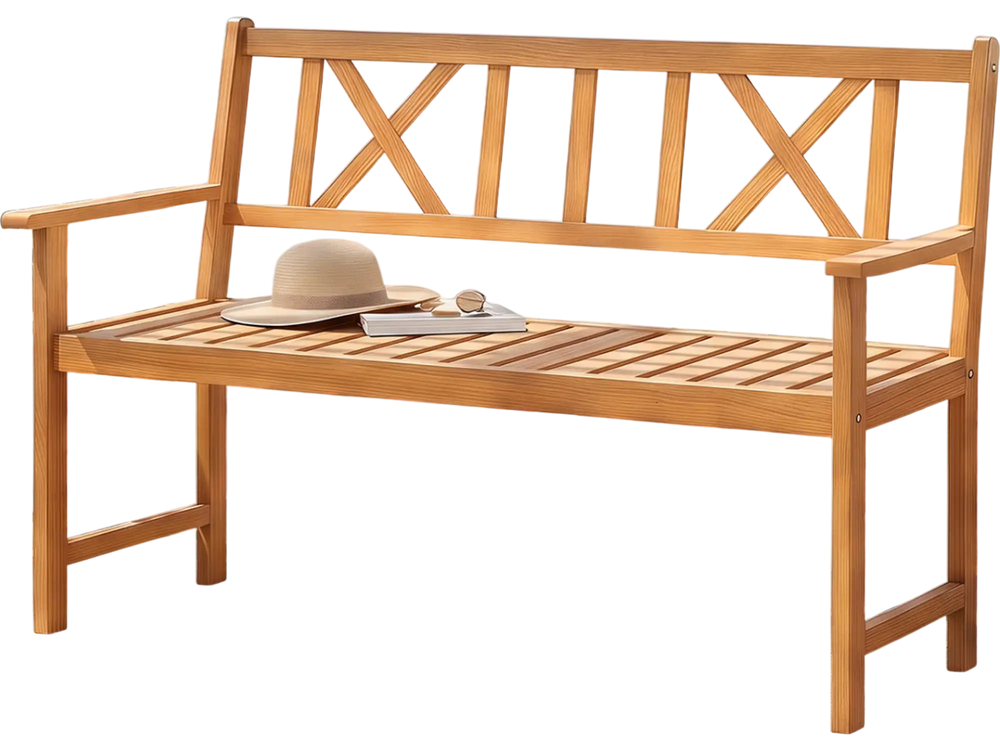 Acacia wood garden chair with armrests and X-shaped backrest, ideal for comfortable seating in outdoor spaces.