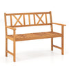 Acacia wood 2-person patio garden chair features an X-shaped backrest and cozy armrests, ideal for outdoor relaxation.
