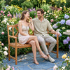 Two-person patio acacia wood garden chair with armrests and X-shaped backrest, perfect for relaxing in gardens.