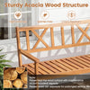 Sturdy acacia wood garden chair features an X-shaped backrest and armrests, perfect for patios and gardens.