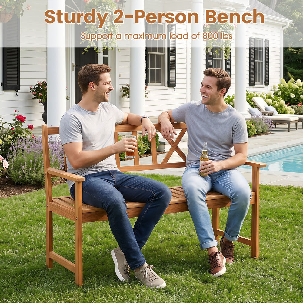 Sturdy 2-person patio bench made of acacia wood with armrests and X-shaped backrest, perfect for gardens and porches.
