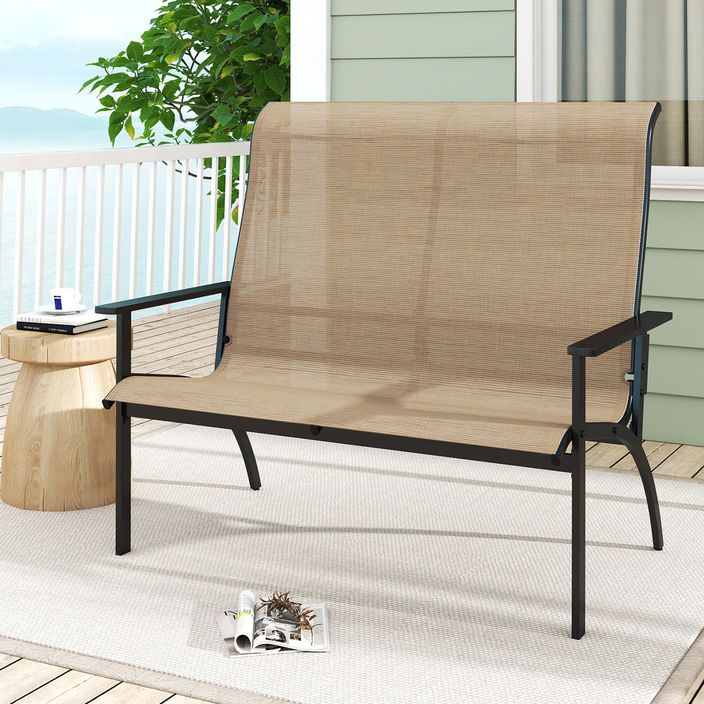 2-person patio garden bench with breathable fabric, featuring adjustable foot pads for stability, ideal for garden.