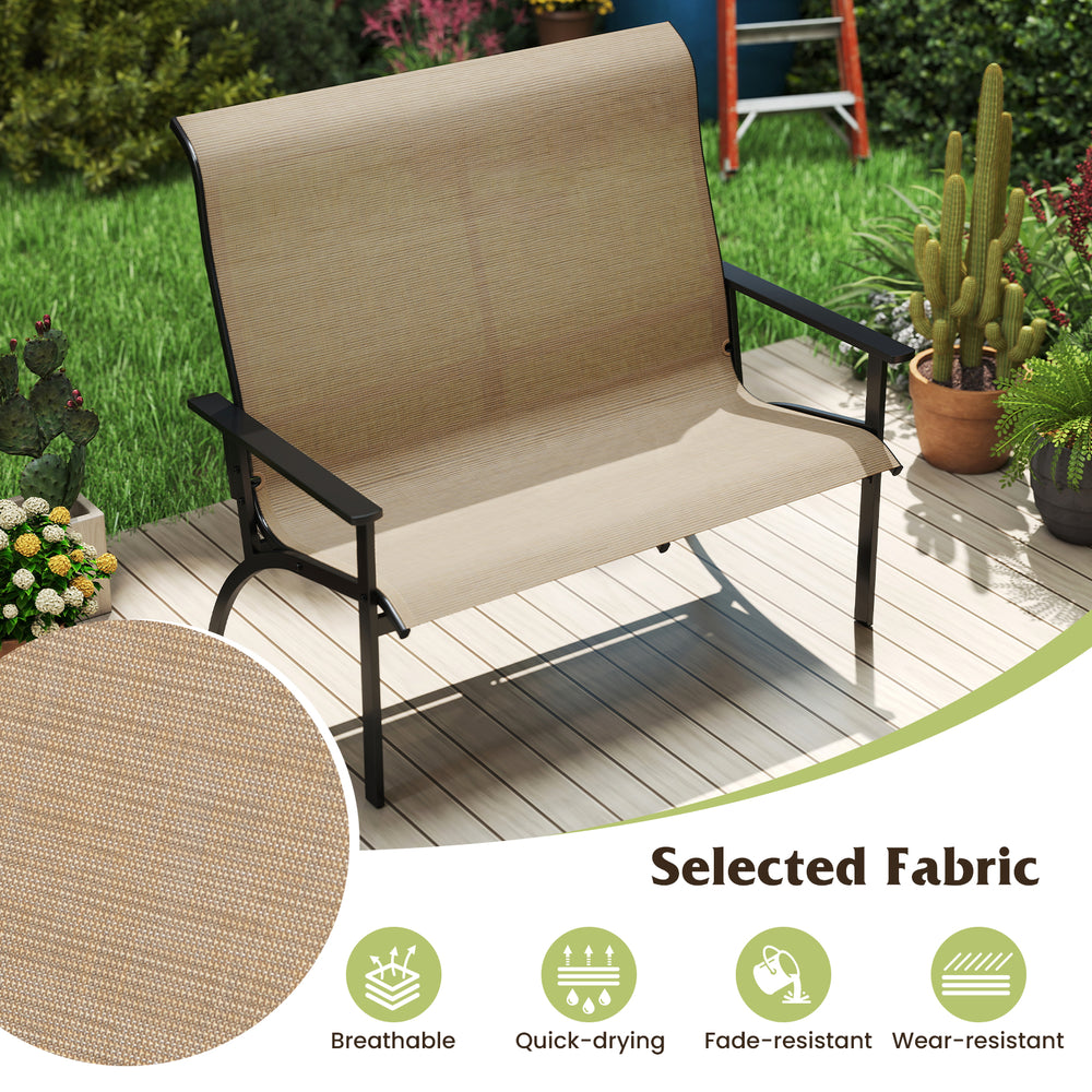 2-person patio garden bench with high back and armrests in coffee color, featuring breathable, fade-resistant fabric.