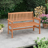 2-person patio loveseat made of solid wood with slatted backrest, ideal for backyards and patios.