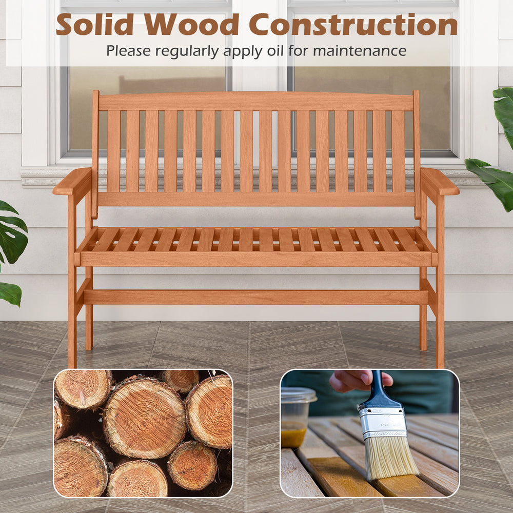 2-person patio loveseat made of solid wood with slatted backrest, ideal for front porches and backyards.