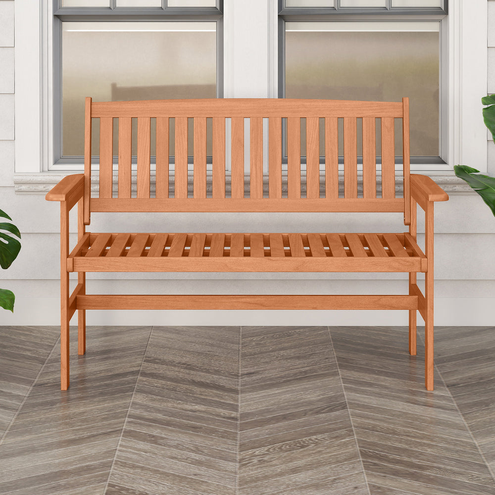 2-person patio loveseat with slatted backrest, made of solid wood, perfect for front porches and backyards.