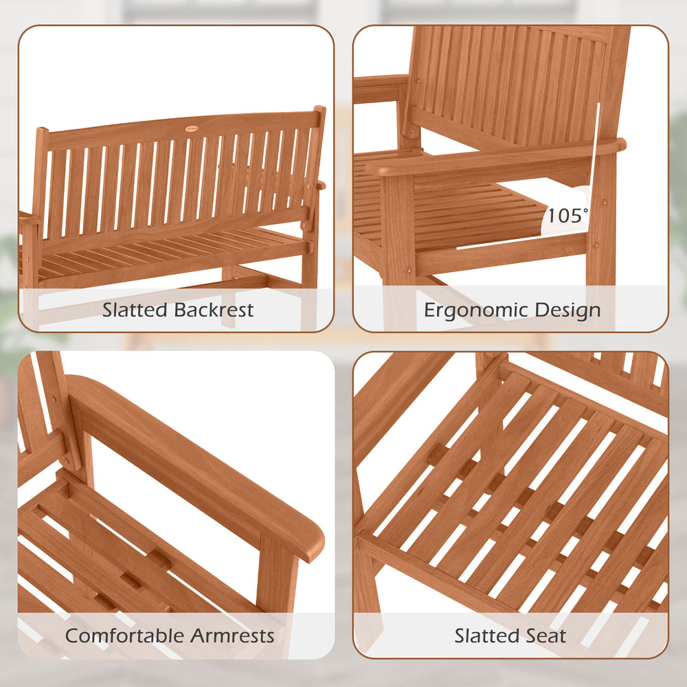 Slatted backrest and comfortable armrests of the 2-person patio loveseat, made from premium solid wood for durability.