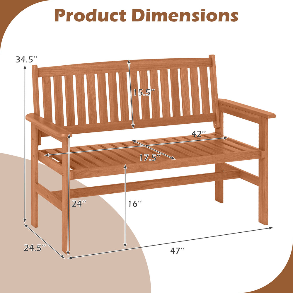Dimensions of the 2-person patio loveseat with slatted backrest, made of premium solid wood for outdoor use.