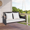 2-person patio rattan porch swing with cushions, sturdy hemp ropes, perfect for backyard or garden relaxation.