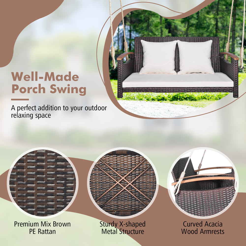 2-person patio rattan porch swing with cozy cushions, sturdy metal structure, and elegant woven design for outdoor.