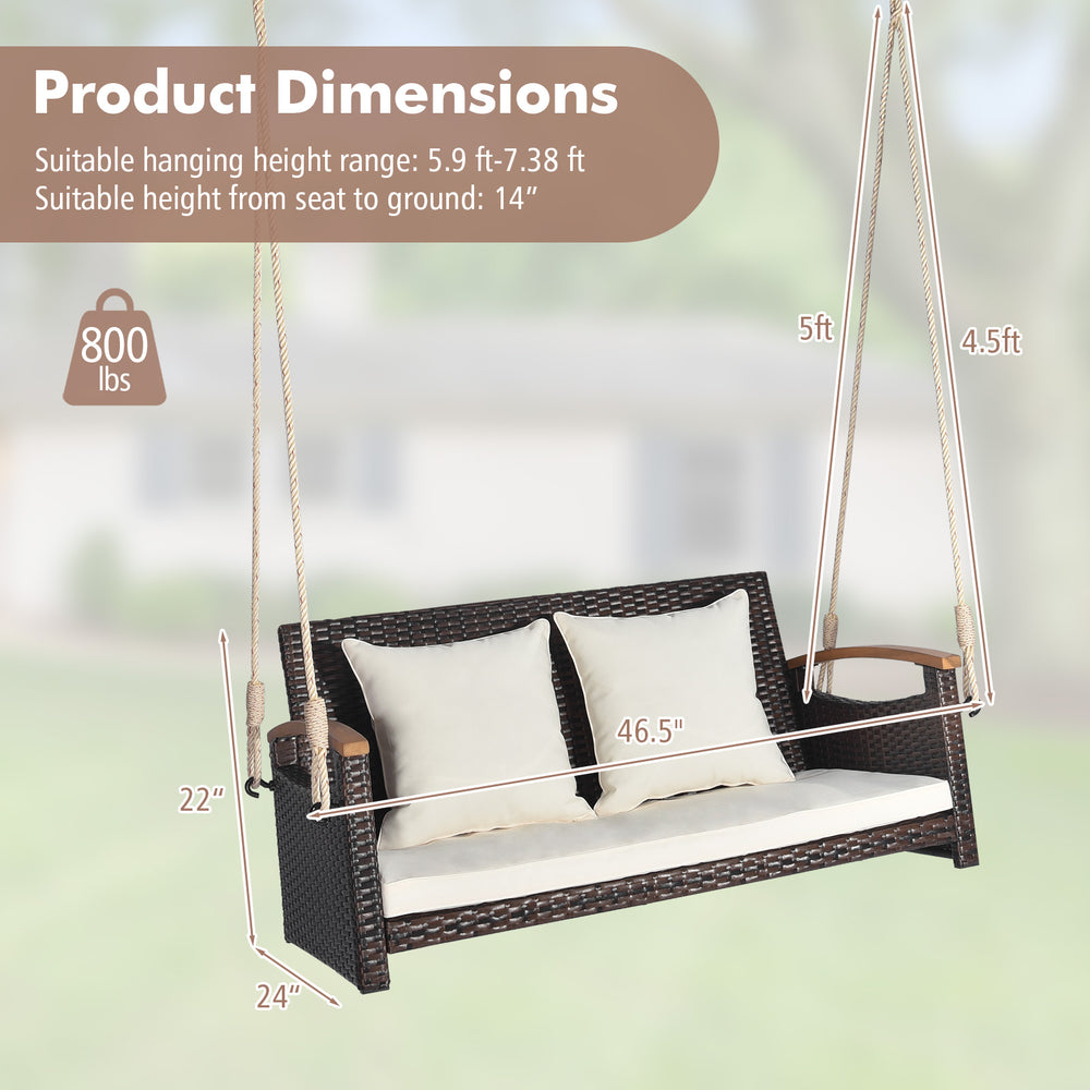 2-person patio rattan porch swing with cushions, sturdy hemp ropes, and dimensions for easy installation in backyard or.