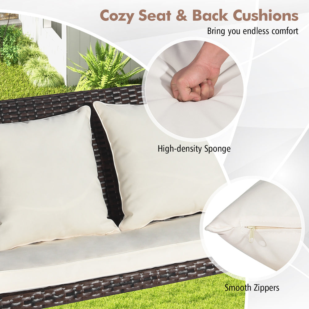 Cozy seat and back cushions of the 2-person patio rattan porch swing with smooth zippers for easy maintenance.