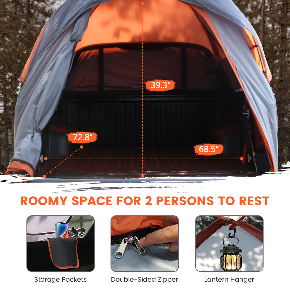 Portable pickup tent interior showing room for 2-3 persons, with storage pockets and double-sided zipper for easy.