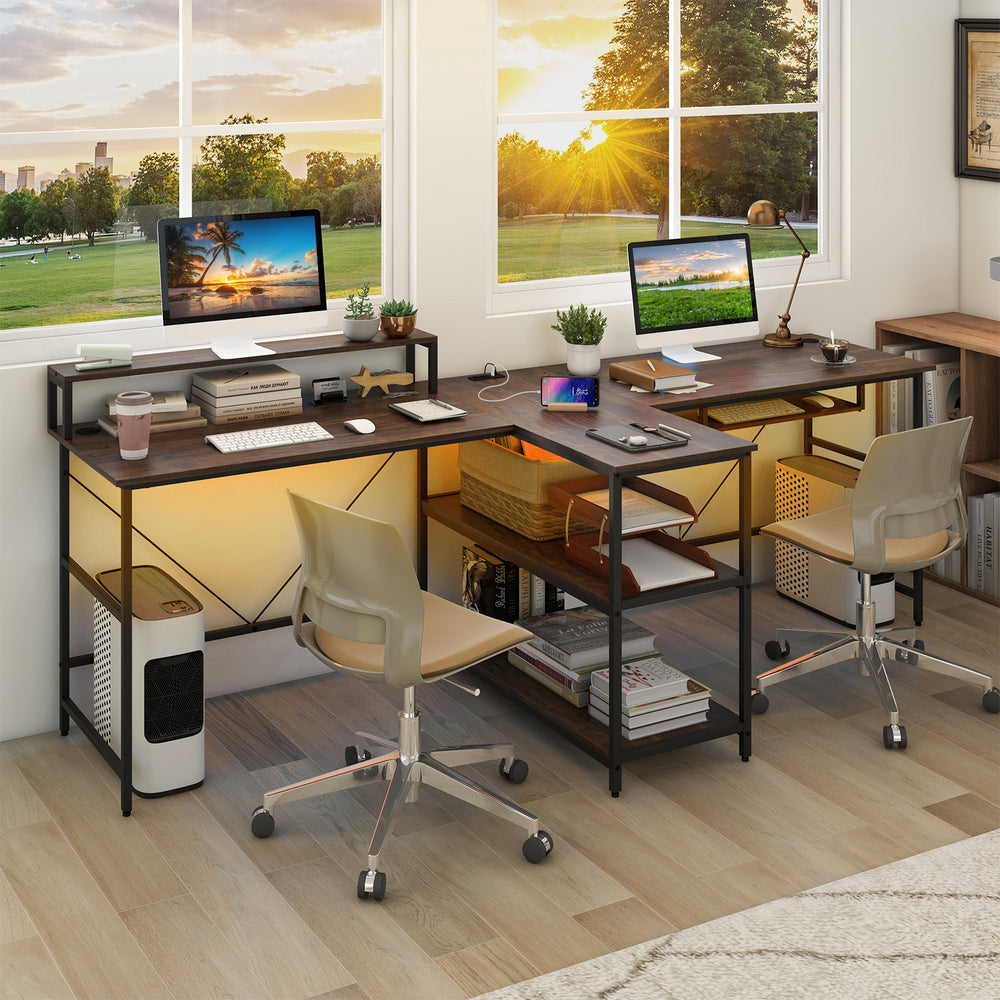 2-Person Reversible Computer Desk Long Office Desk with LED Lights-Walnut - Gallery View 1 of 10