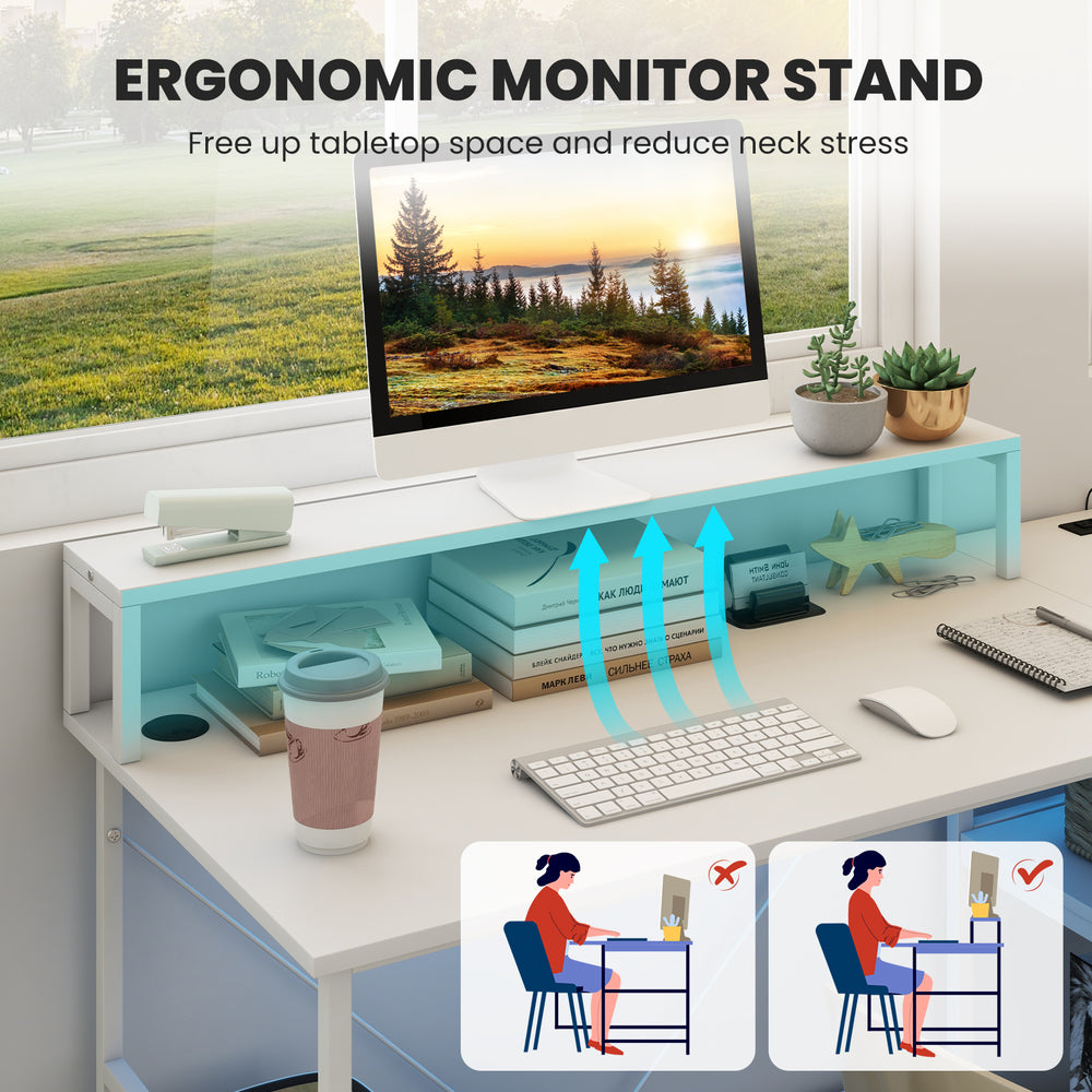 Ergonomic monitor stand on the 2-person reversible computer desk, designed to reduce neck stress and free up space.