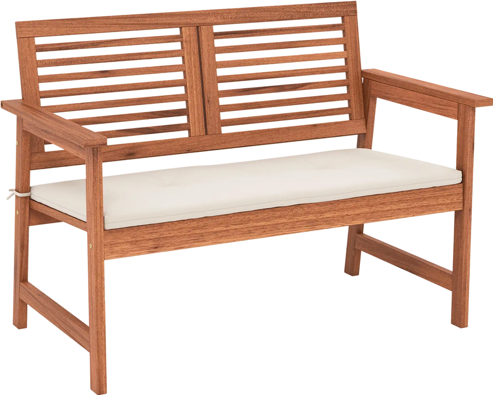 2-Person Solid Wood Patio Bench with Backrest and Cushion