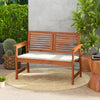 Solid wood 2-person patio bench with backrest and cushion, ideal for backyard or balcony relaxation.