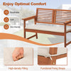 2-person solid wood patio bench with backrest and cushion, featuring breathable fabric and functional fixing straps for.