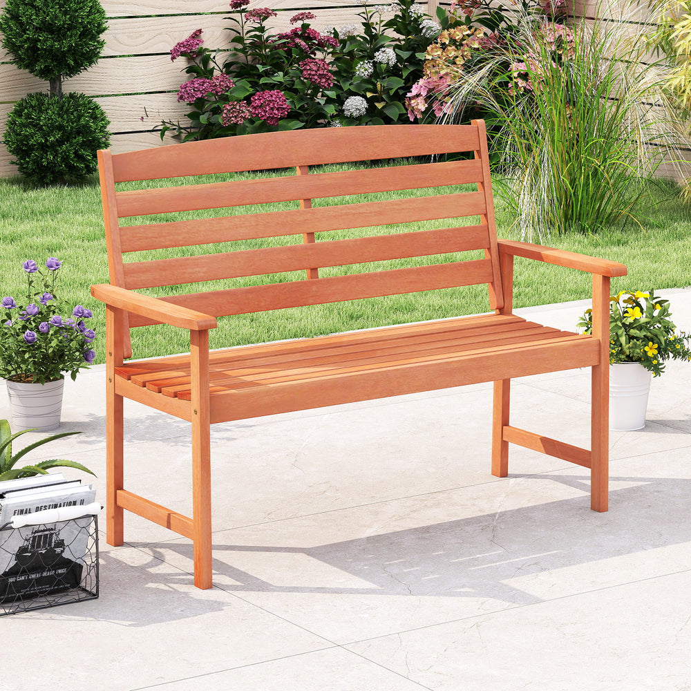 Two-person wooden garden bench with slatted backrest and armrests, perfect for patio or backyard relaxation.