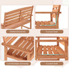 Close-up of the 2-person wooden garden bench highlighting the slatted backrest, curved seat, and comfortable armrests.