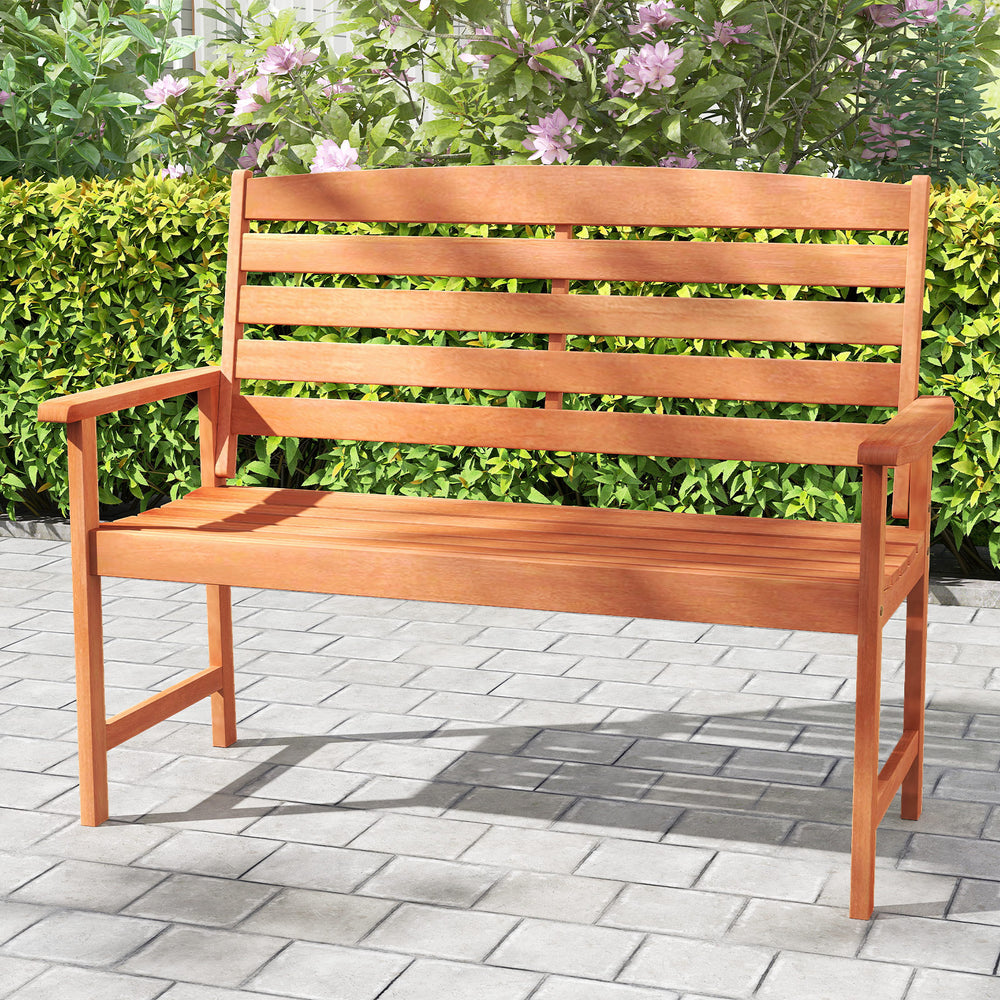 2-person wooden garden bench with slatted backrest and armrests, perfect for patio or backyard relaxation.