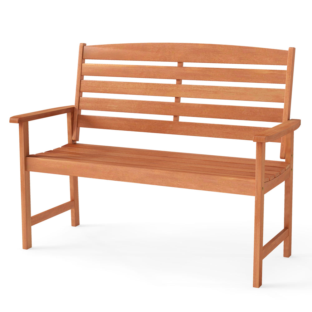 2-person wooden garden bench with slatted backrest and armrests, suitable for outdoor use on patios or porches.