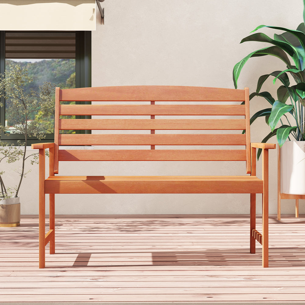 2-person wooden garden bench with slatted backrest, sturdy construction, ideal for patio or backyard use.