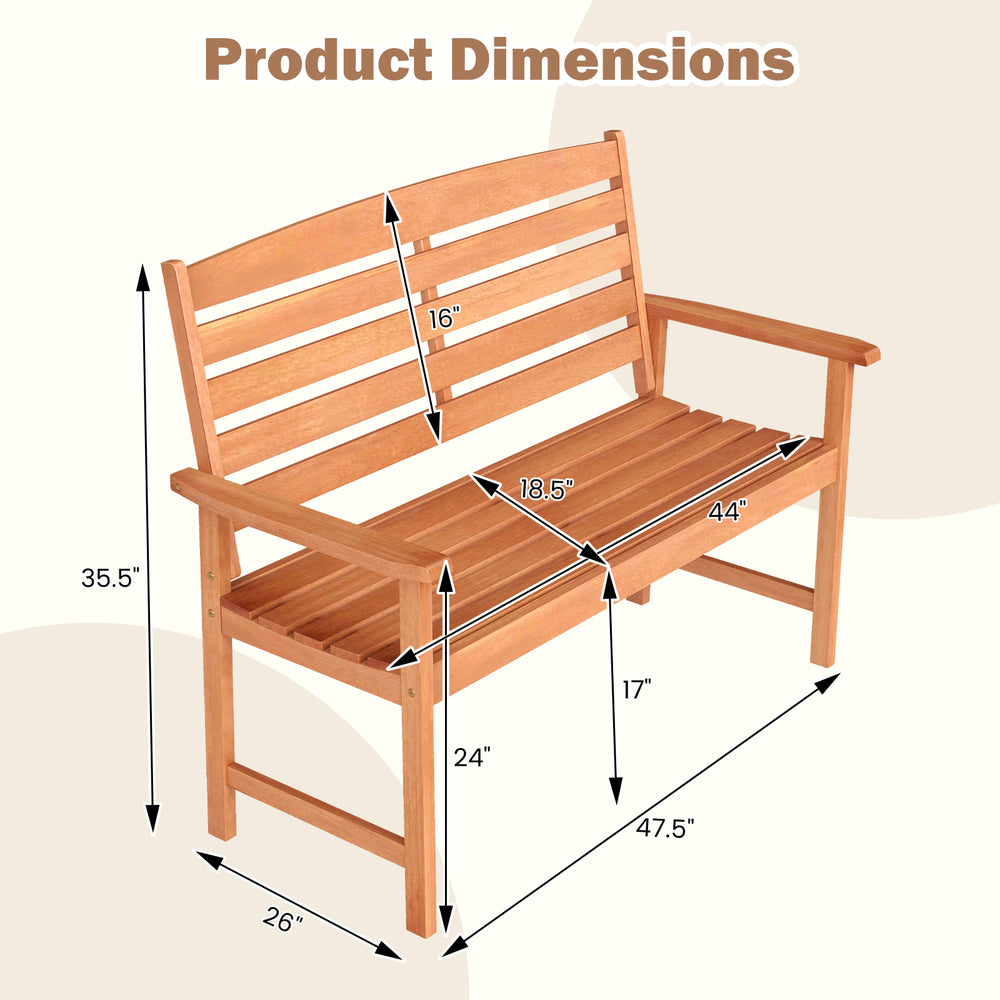Dimensions of a 2-person wooden garden bench with slatted backrest, measuring 47.5" wide and 35.5" high.