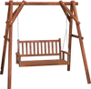 2-person wooden outdoor porch swing in brown with inclined backrest and sturdy chains, perfect for garden relaxation.
