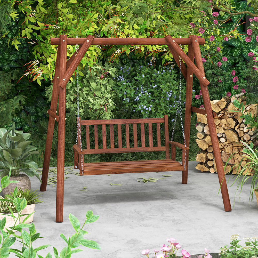 2-Person Wooden Outdoor Porch Swing with 500 lbs Weight Capacity-Brown - Gallery View 1 of 10