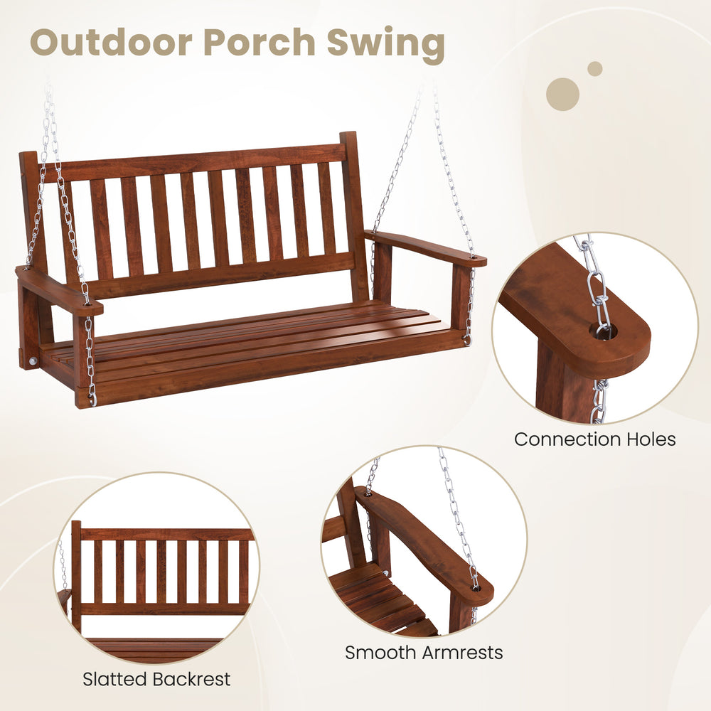 2-person wooden outdoor porch swing with slatted backrest and smooth armrests, ideal for garden or backyard use.