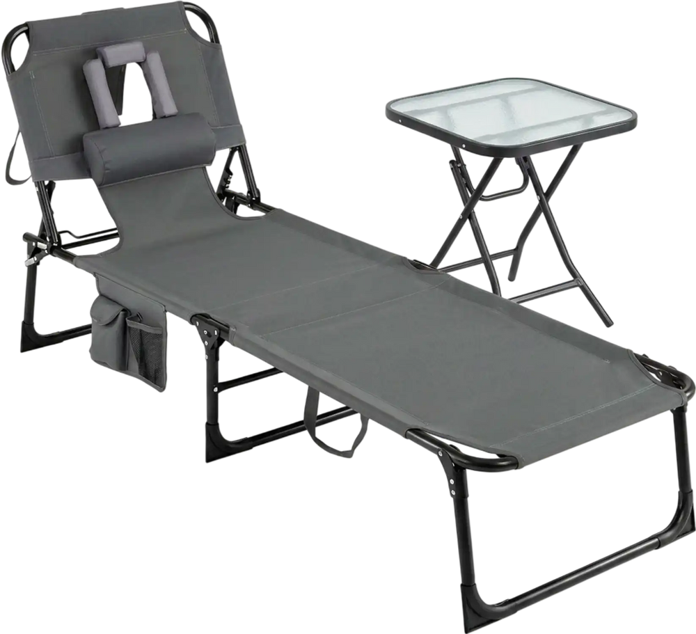 2-Piece Outdoor Tanning Chair and Patio Side Table Set with Folding Lounge Chair and Square Bistro Table