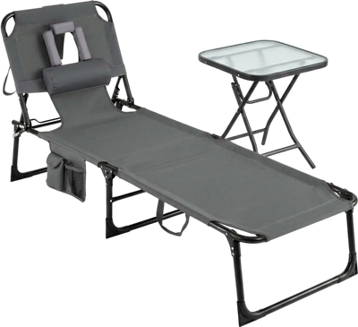 Costway 2-Pc Outdoor Chaise Lounge Chair & Patio Side Bistro Table Set 28587348 New