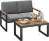 Gray 2-piece patio aluminum furniture set with wood-plastic armrests, featuring a loveseat and coffee table for outdoor.