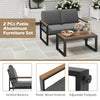 Two-piece patio aluminum furniture set featuring gray cushions, wood-plastic armrests, and adjustable footpads for.