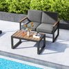 Gray 2-piece patio furniture set featuring a loveseat and coffee table with wood-plastic armrests, ideal for poolside.