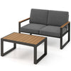 Gray 2-piece patio furniture set featuring an aluminum loveseat with wood-plastic armrests and a matching coffee table.