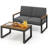 Gray 2-piece patio furniture set featuring a loveseat and table with wood-plastic armrests, ideal for outdoor.