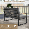 Gray patio loveseat with wood-plastic armrests, aluminum frame, and thick cushions, perfect for outdoor relaxation.