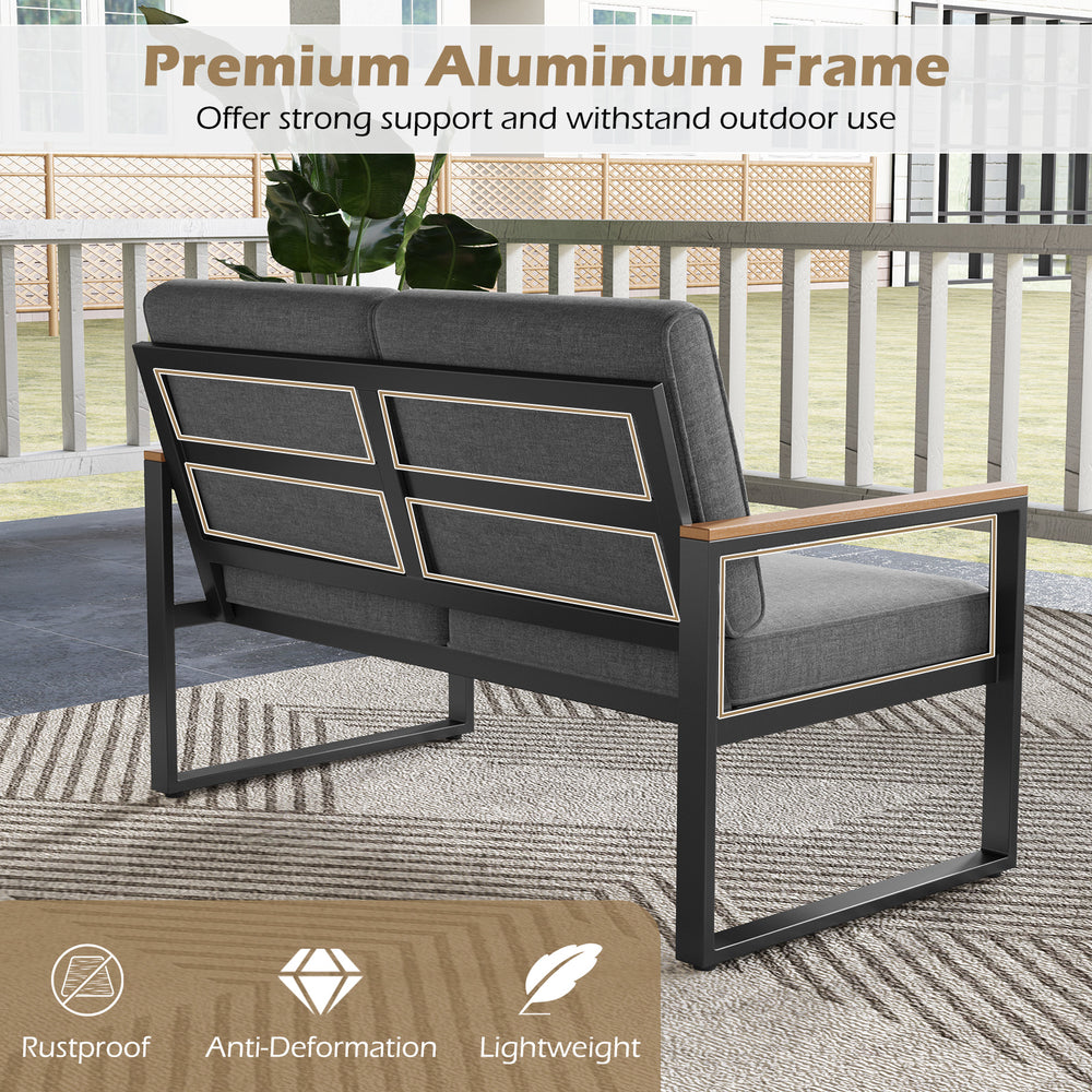 Gray patio loveseat with wood-plastic armrests, aluminum frame, and thick cushions, perfect for outdoor relaxation.
