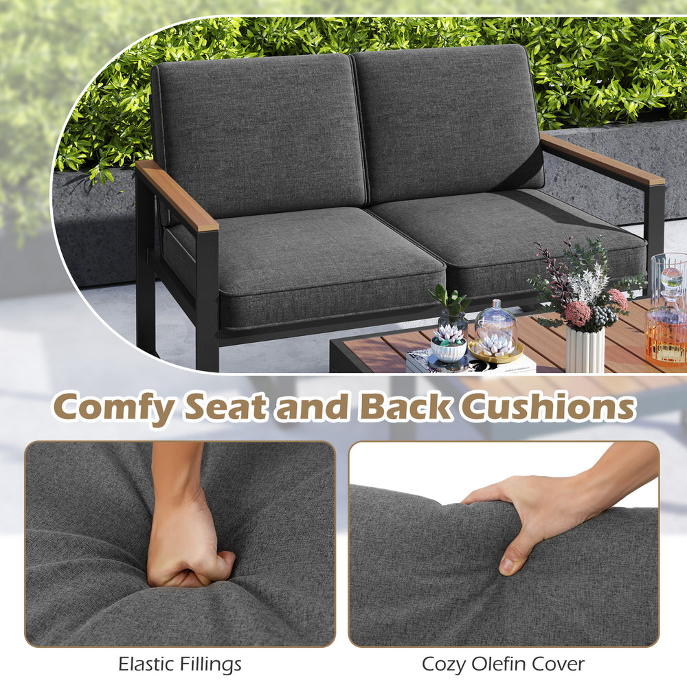 Gray loveseat from a 2-piece patio set with wood-plastic armrests, featuring thick cushions for outdoor comfort.
